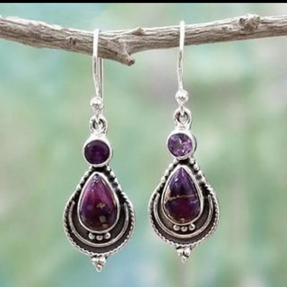 Purple Agate Antique Silver Dangle Drop Earrings
